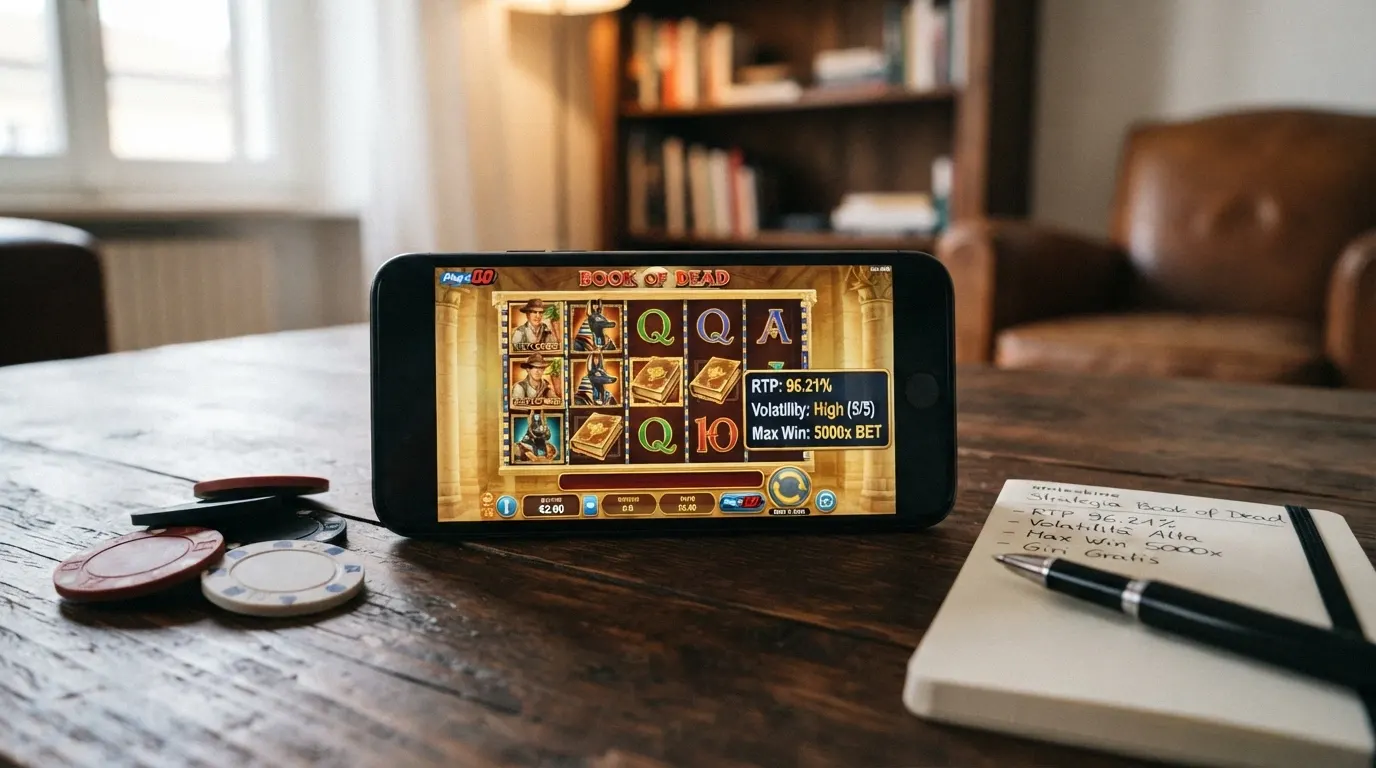 Scheda gioco di Book of Dead con RTP, volatilità e vincita massima in evidenza