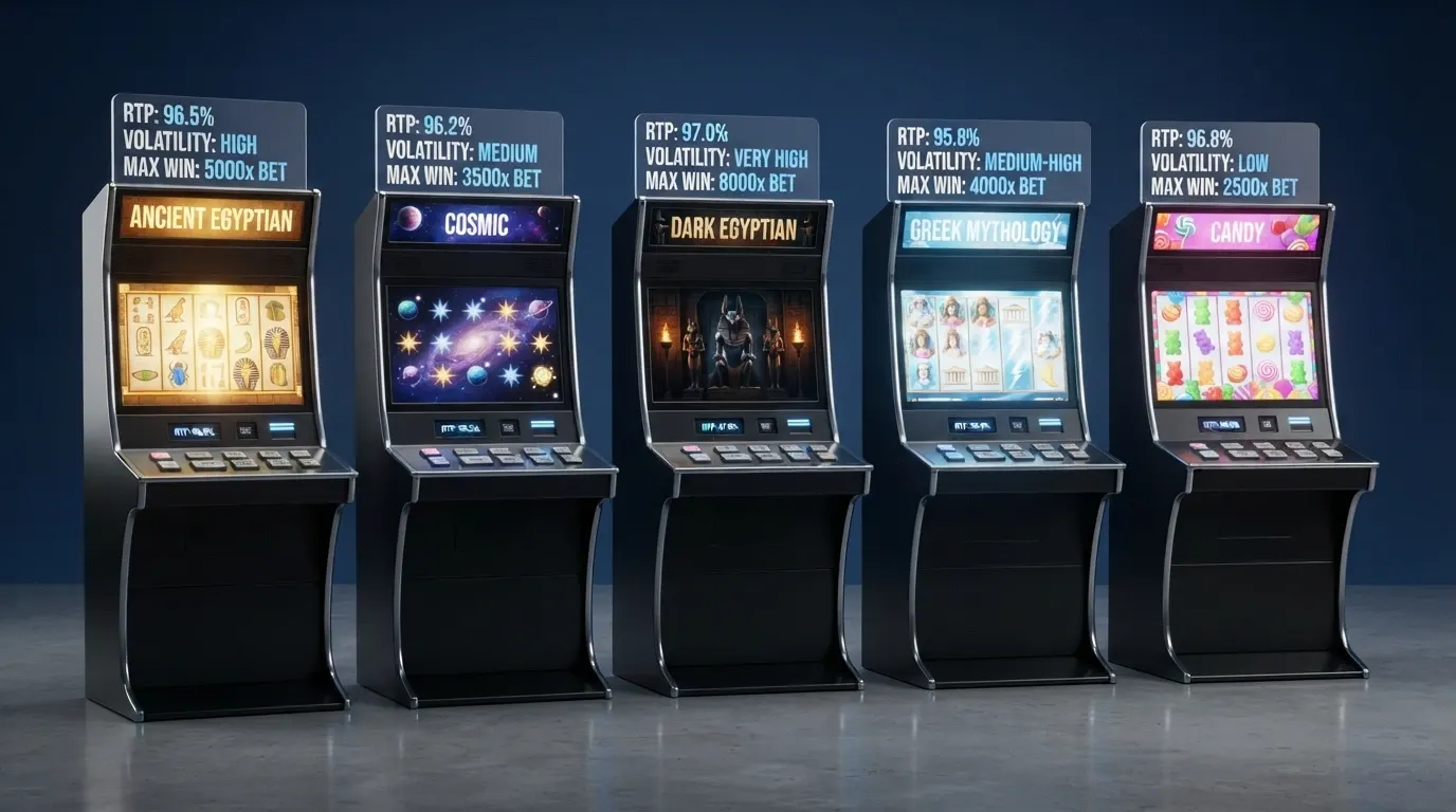 Schermata comparativa di cinque slot machine popolari con RTP, volatilità e vincita massima a fianco di ciascun titolo