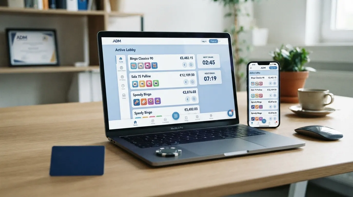 L'interfaccia di una piattaforma bingo ADM con l'elenco delle sale disponibili, i montepremi in palio e i dettagli della partita