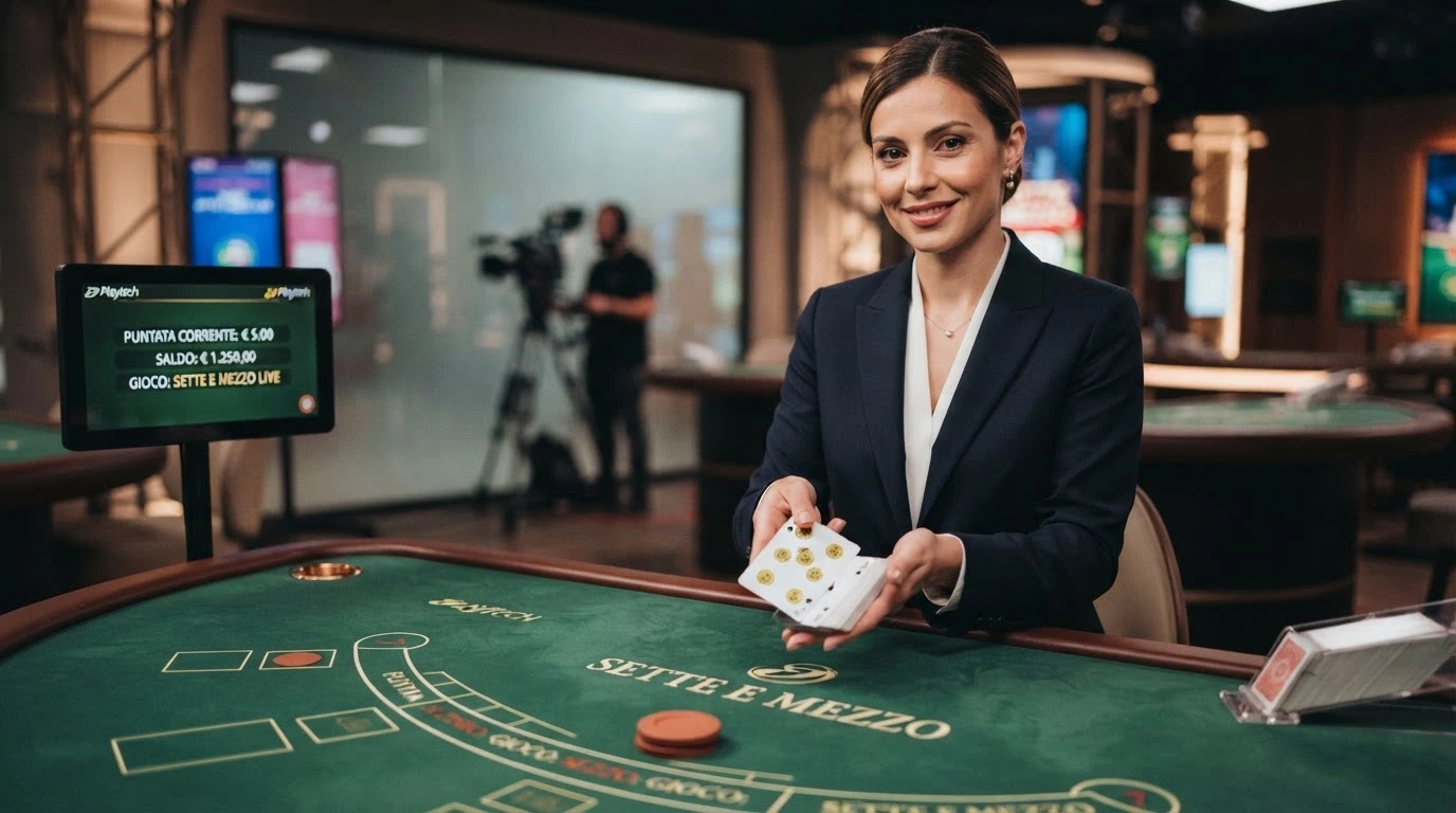 Tavolo di Sette e Mezzo Playtech Live con carte scoperte e interfaccia in lingua italiana