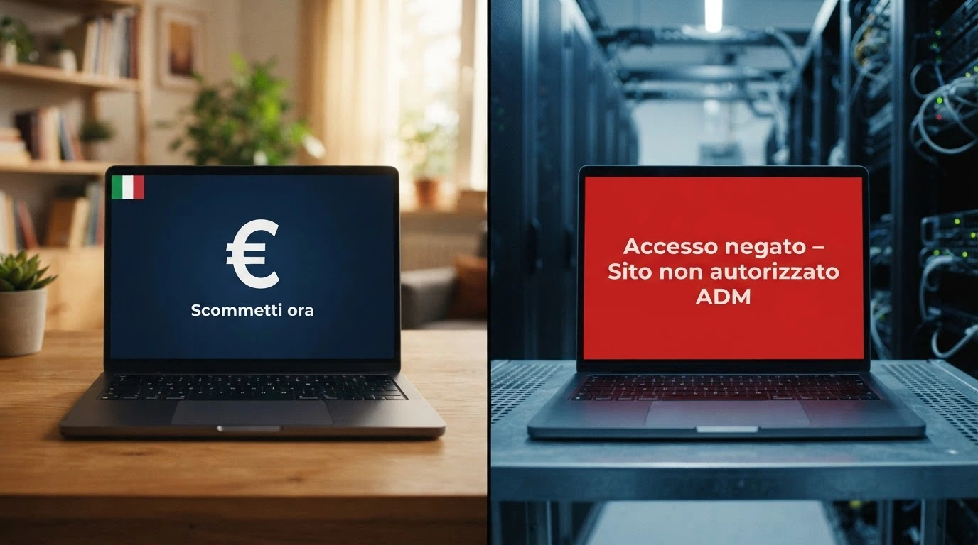 Una schermata divisa a metà: a sinistra un casino con logo ADM e simboli di protezione (RUA, limiti), a destra un sito bloccato con un avviso di accesso negato