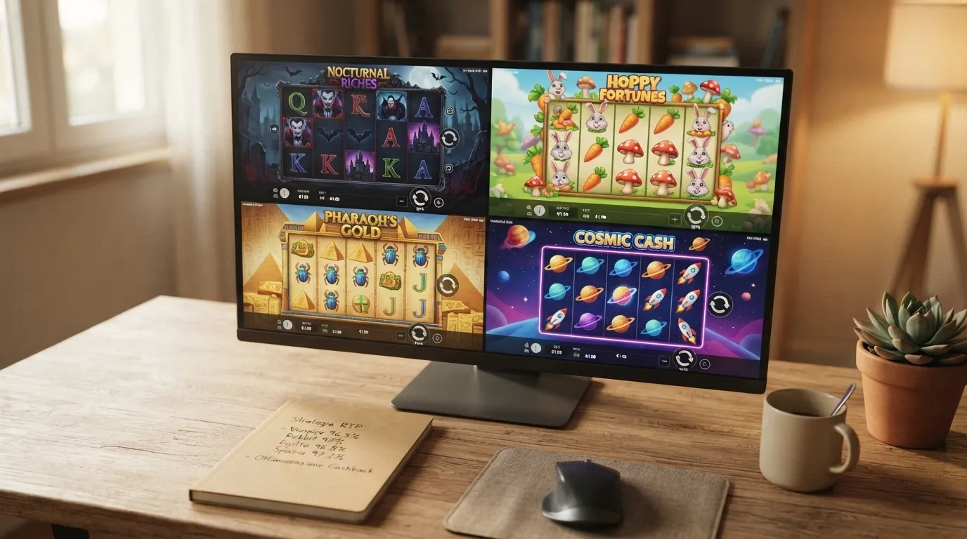 Le schermate di quattro slot online ad alto RTP menzionate nella guida: Blood Suckers, White Rabbit, Book of Dead e Starburst