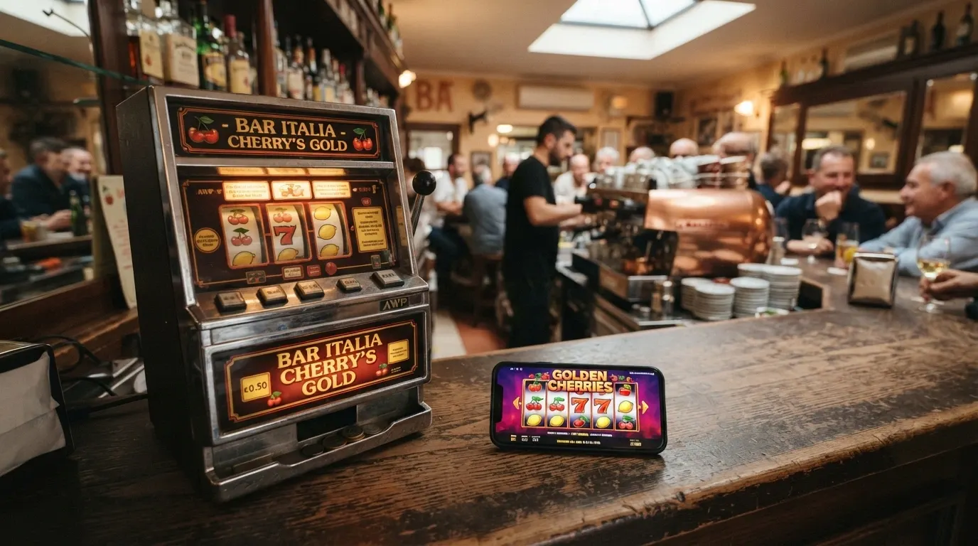 Una slot machine AWP accesa in un bar italiano affiancata dallo schermo di una slot online in demo