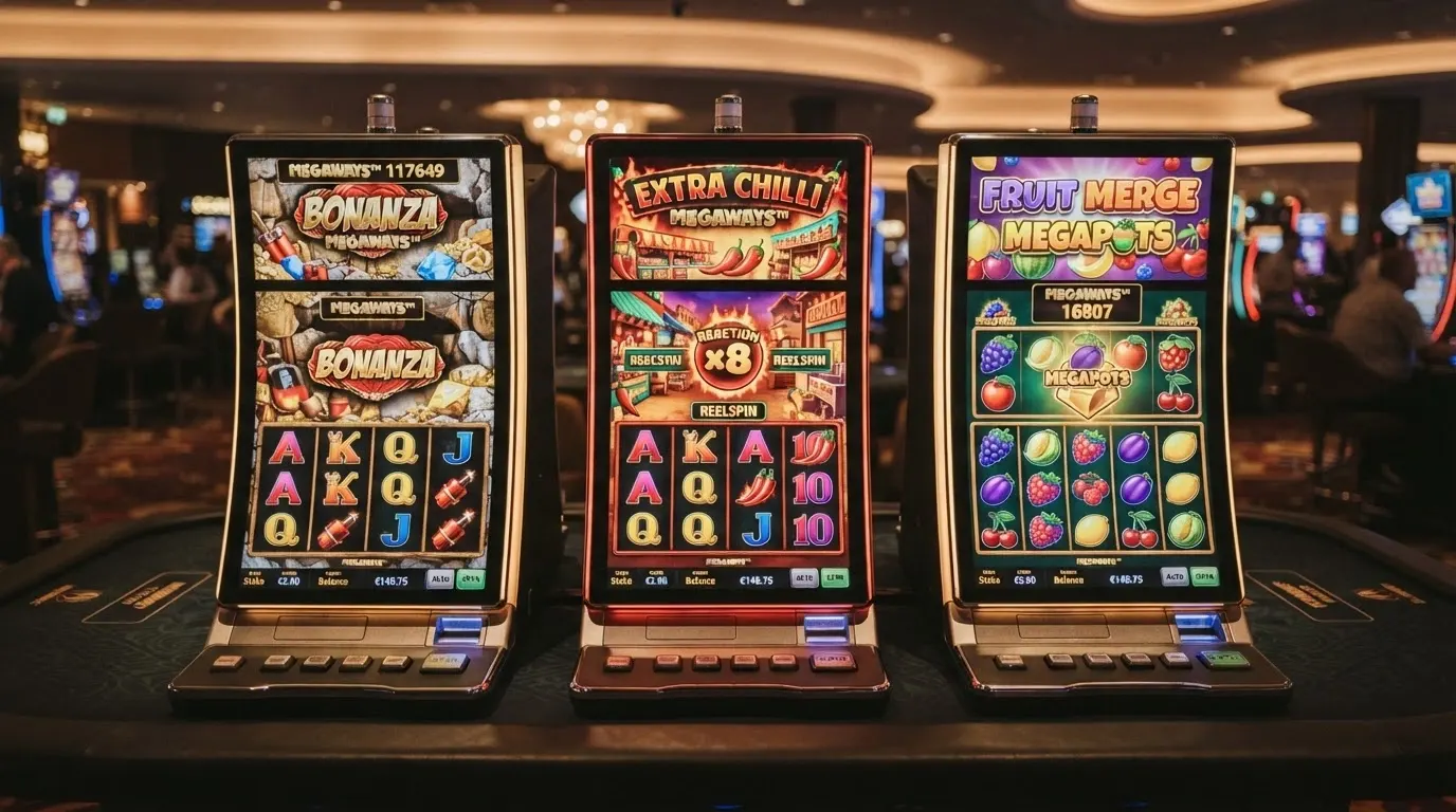 Tre slot machine Big Time Gaming affiancate con le griglie Megaways, i simboli e i moltiplicatori in evidenza