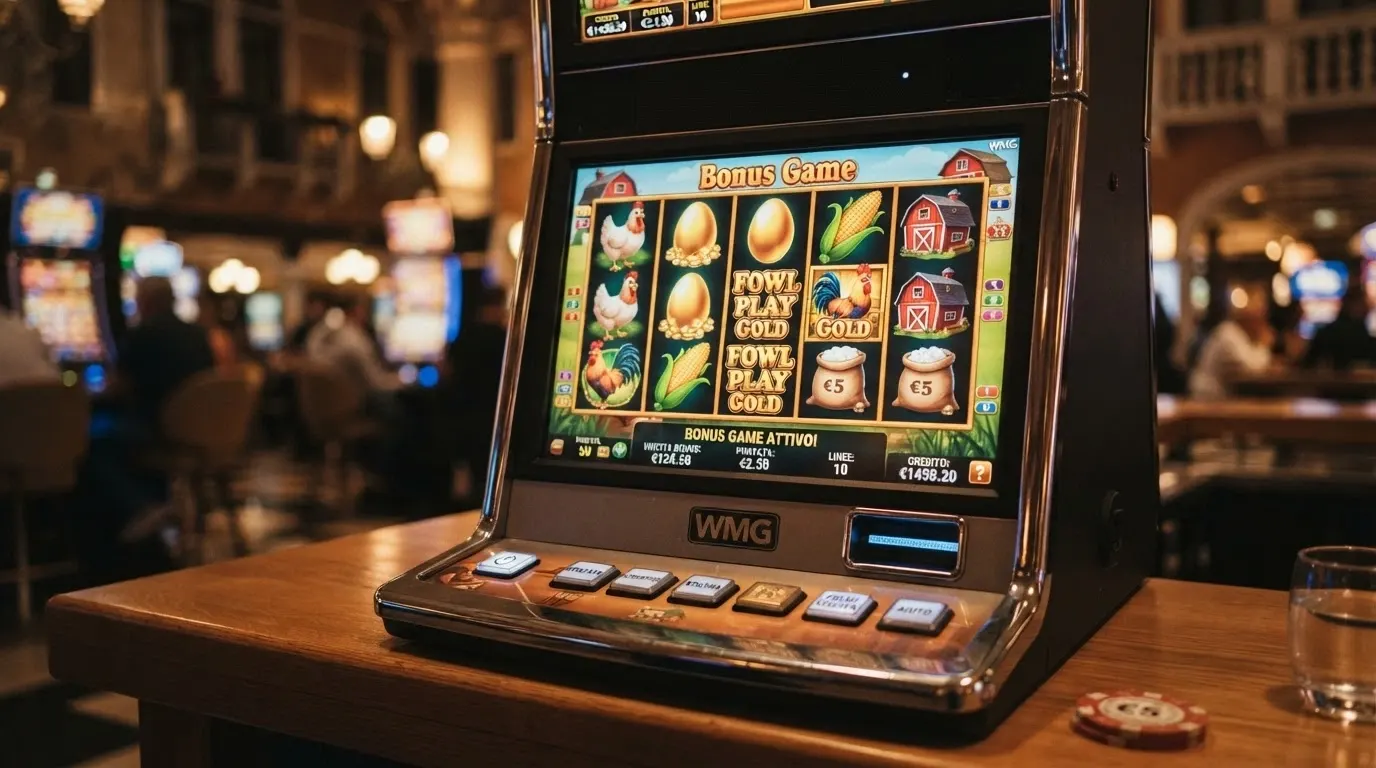La slot Fowl Play Gold di WMG con i suoi 5 rulli a doppio spin e i simboli della fattoria