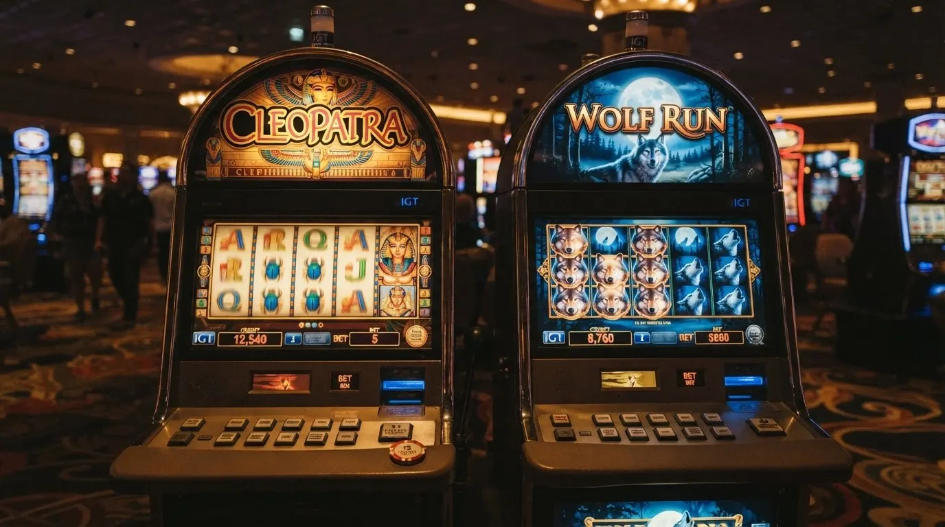 Le slot machine IGT Cleopatra e Wolf Run affiancate su sfondo di casinò con rulli in movimento