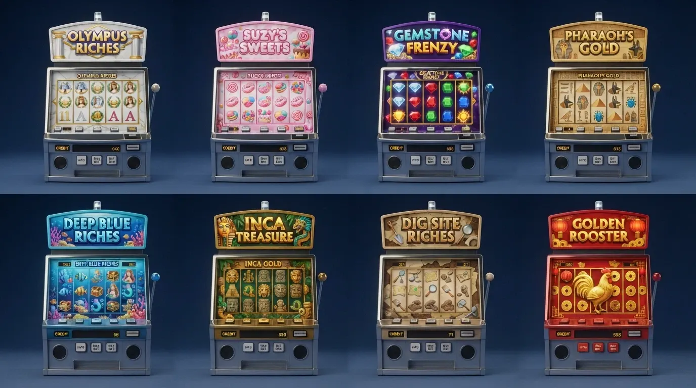 Griglia di icone di otto slot machine affiancate — Gates of Olympus, Sweet Bonanza, Starburst, Book of Dead, Big Bass Bonanza, Gonzo's Quest, Book of Ra, Fowl Play Gold — con il loro logo ufficiale
