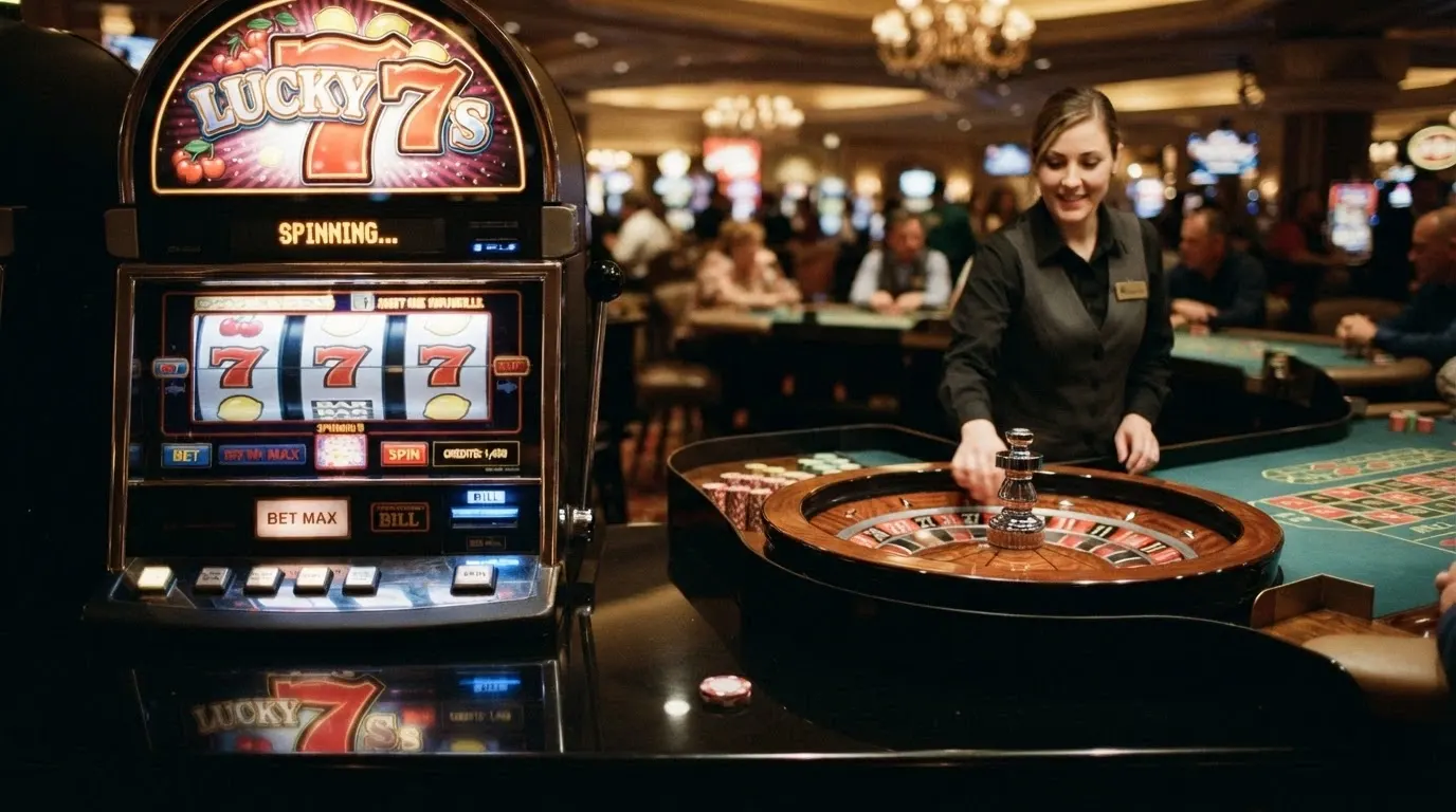 Una slot machine online con l'interfaccia di gioco visibile e, sullo sfondo, un tavolo da live casino con un dealer in primo piano.