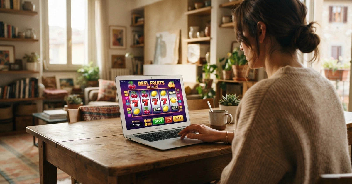 Una persona sorridente davanti allo schermo di un laptop che mostra una slot machine colorata in modalità demo, con crediti virtuali visibili sul display e nessun modulo di registrazione aperto