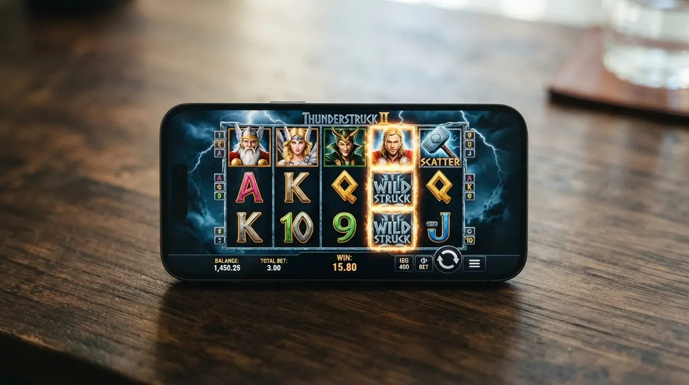 Schermata di una slot machine Microgaming con rulli e simboli a tema mitologico