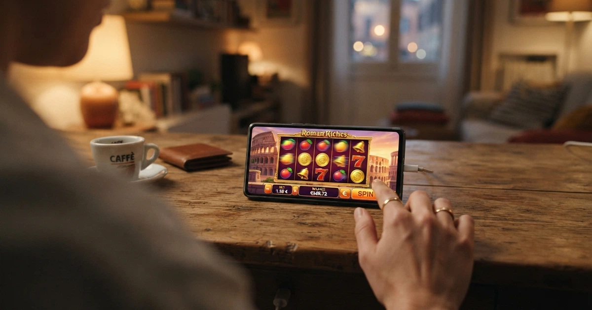 L'interfaccia di una slot machine online aperta su uno schermo, con i rulli visibili e l'indicatore del saldo in euro, accanto al logo ADM in sovrimpressione