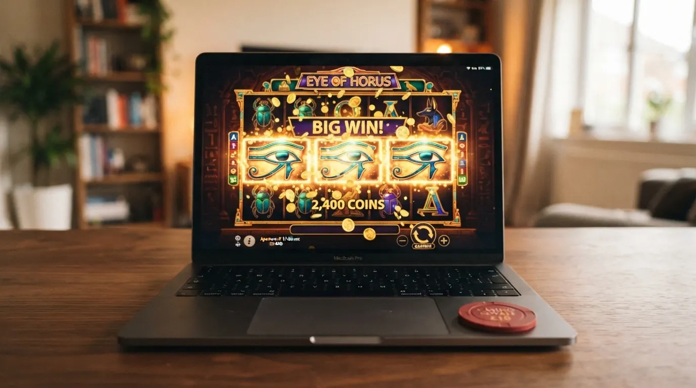 Schermata della slot Eye of Horus con rulli 5x3, simboli egizi, volatilità media e payout in evidenza