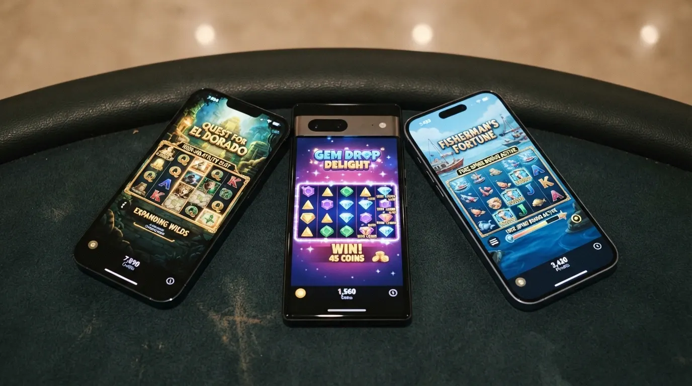 Tre slot machine popolari in modalità mobile con rulli e simboli visibili sullo schermo di uno smartphone
