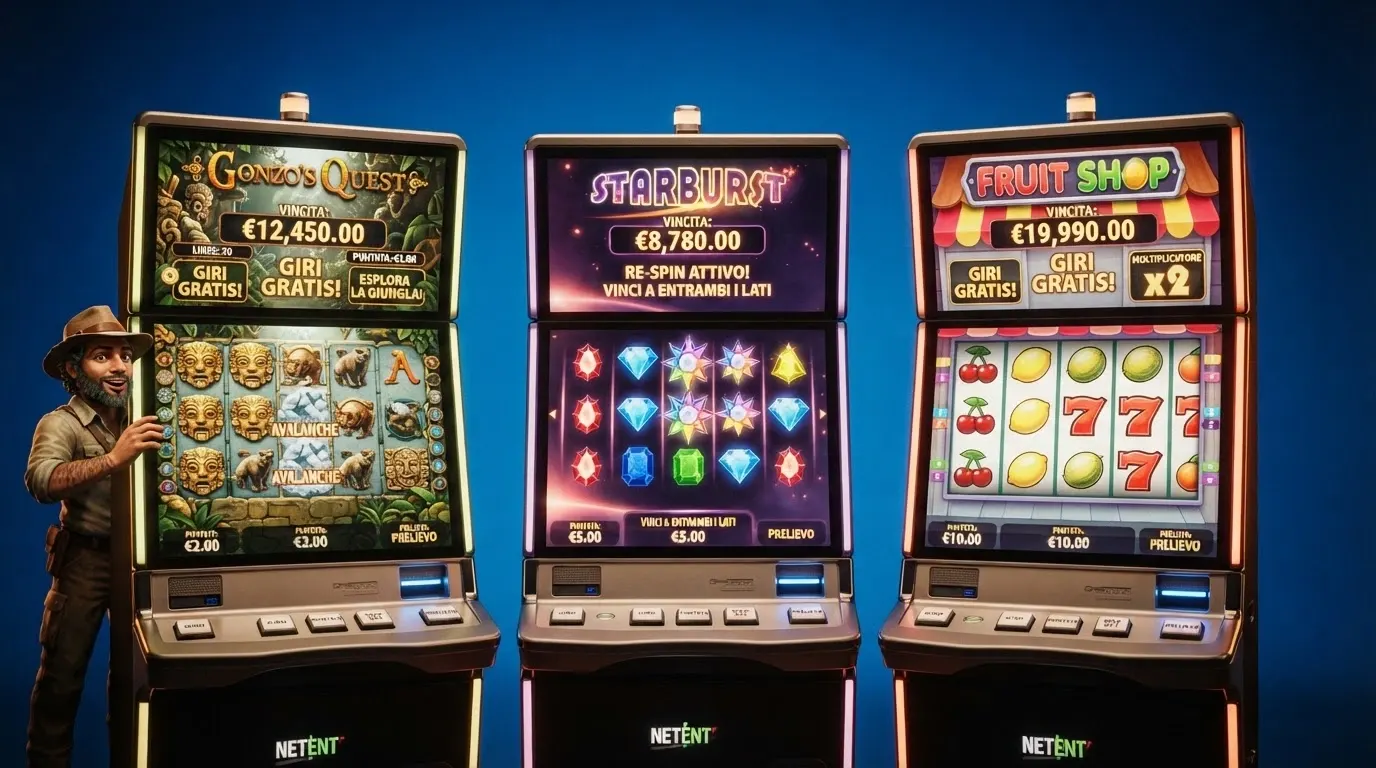 Tre slot NetEnt affiancate — Starburst, Gonzo's Quest e Mega Joker — con i rispettivi RTP in sovrimpressione e grafiche riconoscibili
