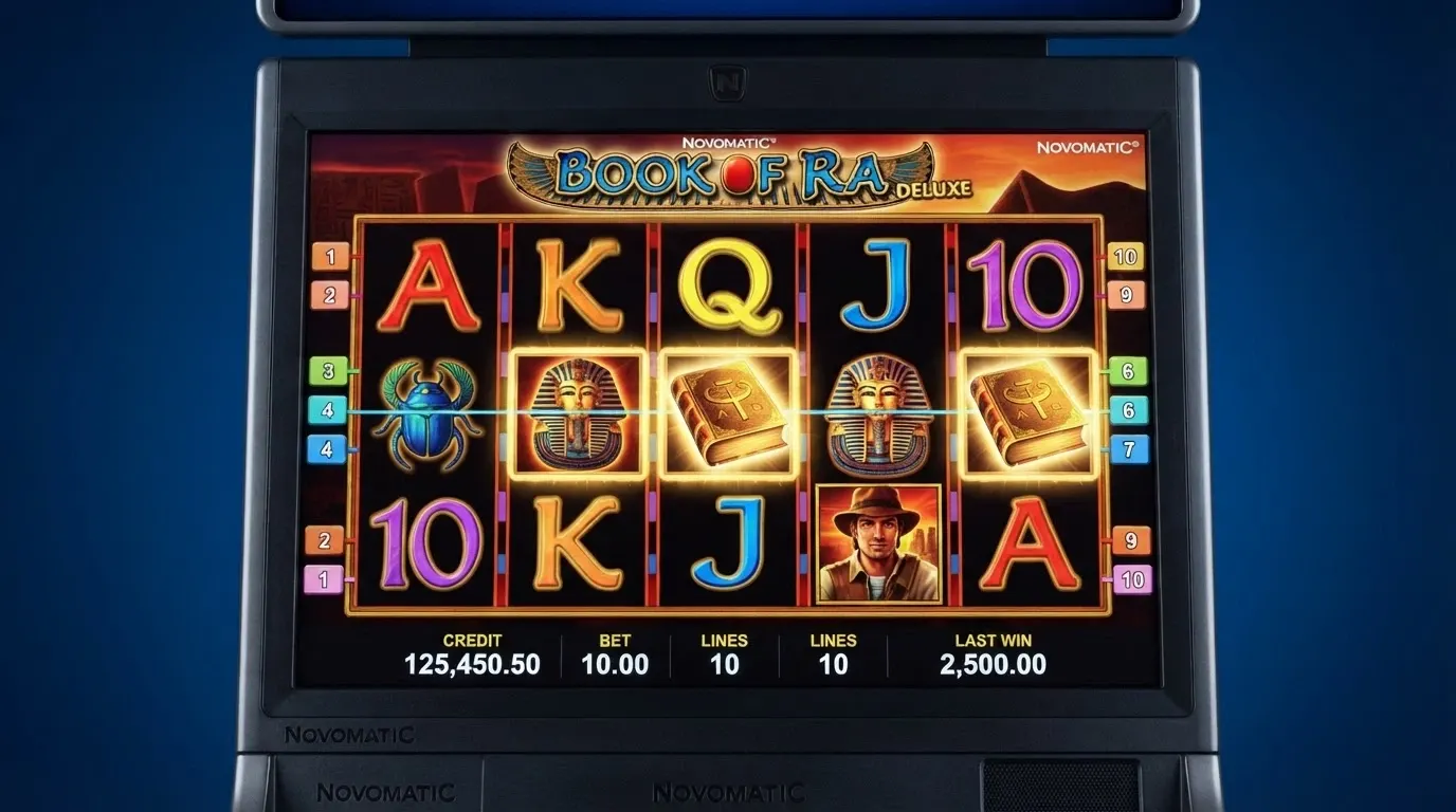 Lo schermo di Book of Ra Deluxe nella sua versione Greentube per casinò online, con i 5 rulli e il simbolo del libro dorato in evidenza durante una sessione di gioco