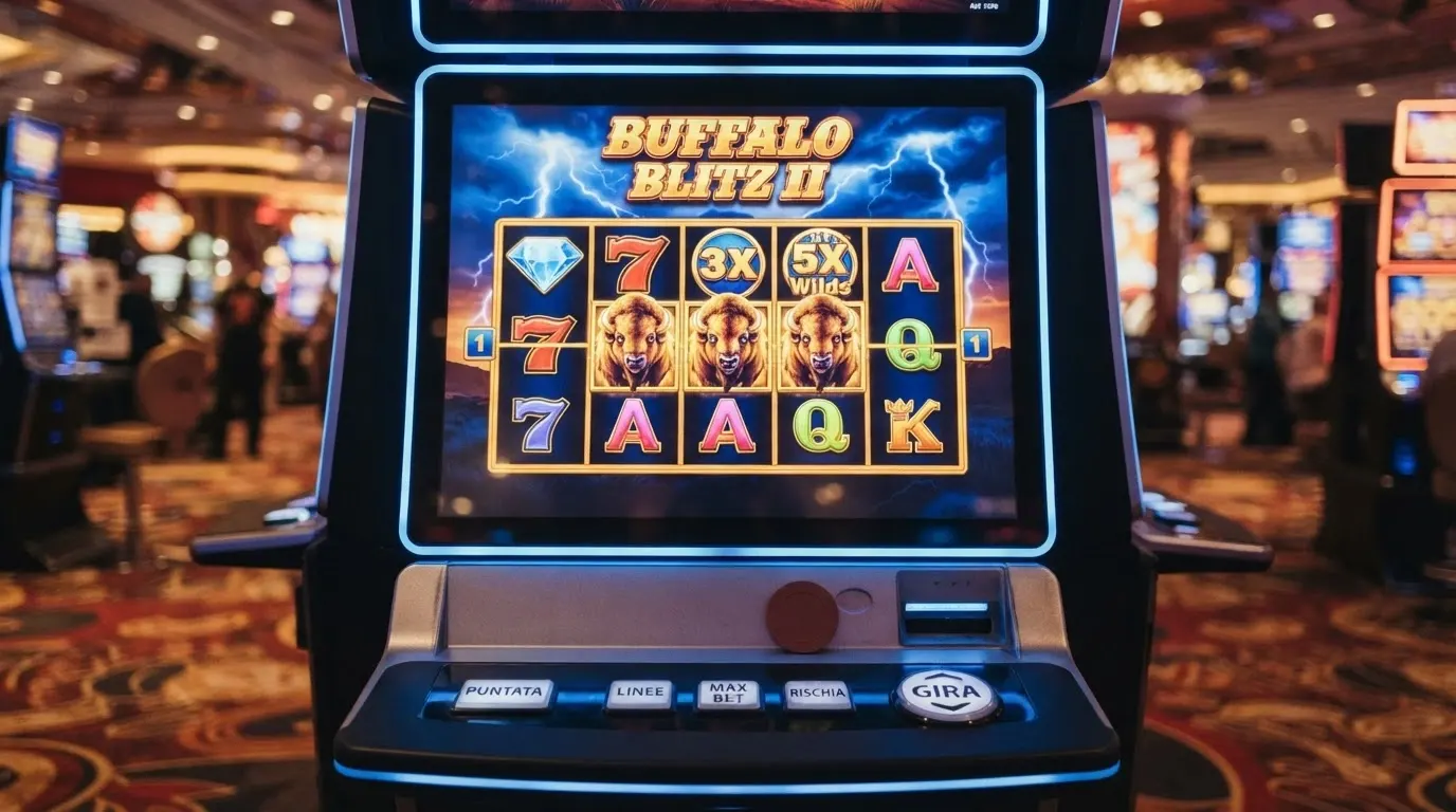 Rulli della slot Buffalo Blitz II con simboli di animali selvatici e moltiplicatori in evidenza