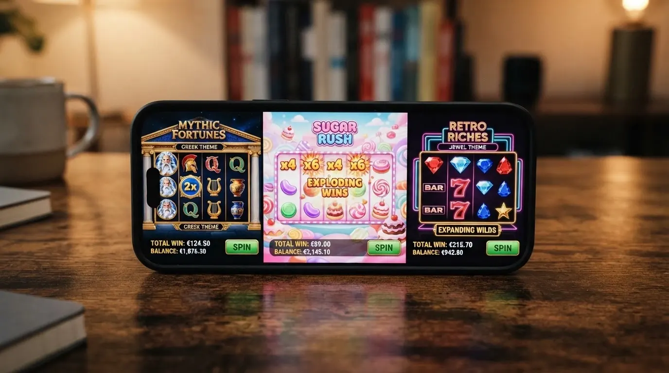 Tre slot machine visualizzate sullo schermo di un iPhone — Gates of Olympus, Sweet Bonanza e Starburst — con le loro griglie di gioco e i moltiplicatori in evidenza