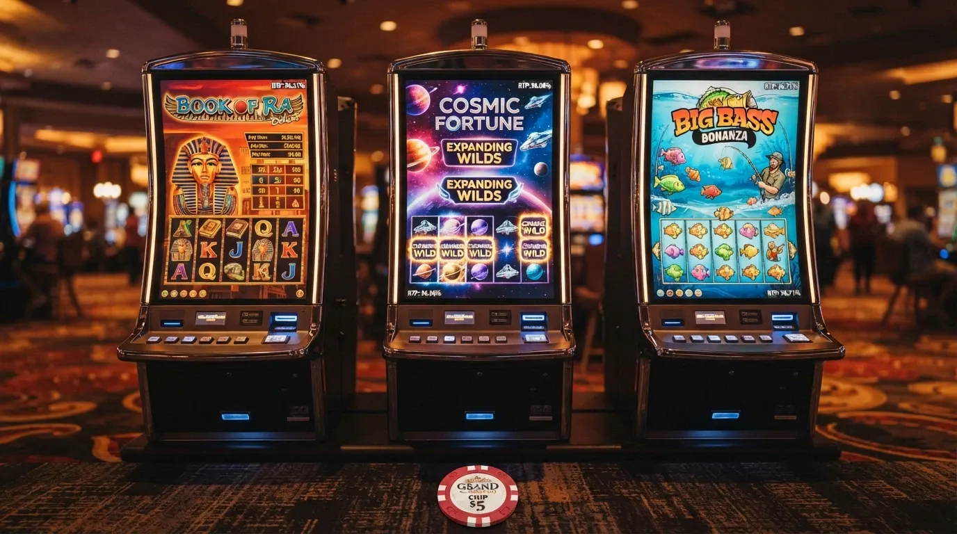 Tre slot machine affiancate (Book of Dead, Starburst, Big Bass Bonanza) con i rispettivi RTP in sovrimpressione: 96,21%, 96,08%, 96,71%