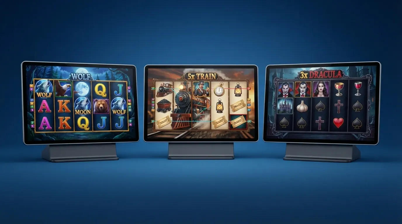 Tre schede di slot machine affiancate con i nomi Wolf Gold, Money Train 3 e Blood Suckers, ciascuna con la percentuale RTP e il provider in evidenza, su sfondo scuro da casinò