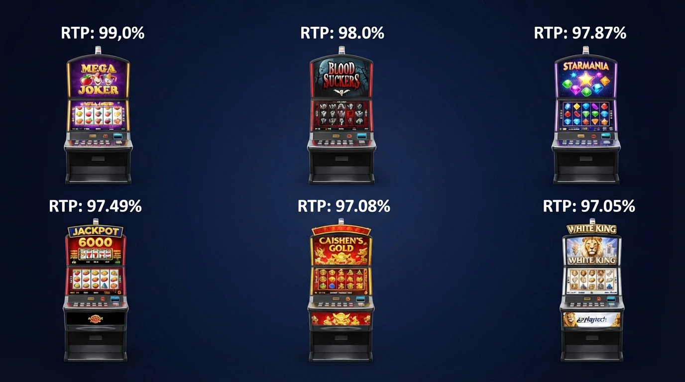 Una griglia visiva con sei slot machine affiancate: Mega Joker, Blood Suckers, Big Bass Bonanza, Sweet Bonanza, Book of Dead e Starburst, ciascuna con il proprio RTP in evidenza sopra la grafica del gioco