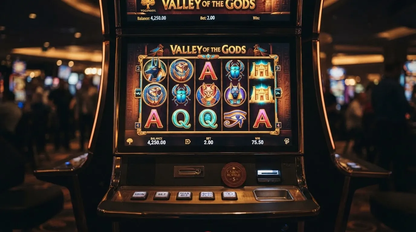 Schermata di gioco di Vikings Go Berzerk o Valley of the Gods con RTP e griglia visibili