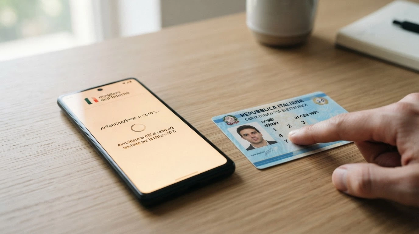 Uno smartphone che mostra la schermata di scansione NFC dell'app CieID, con una CIE fisica posata accanto e il PIN parzialmente coperto