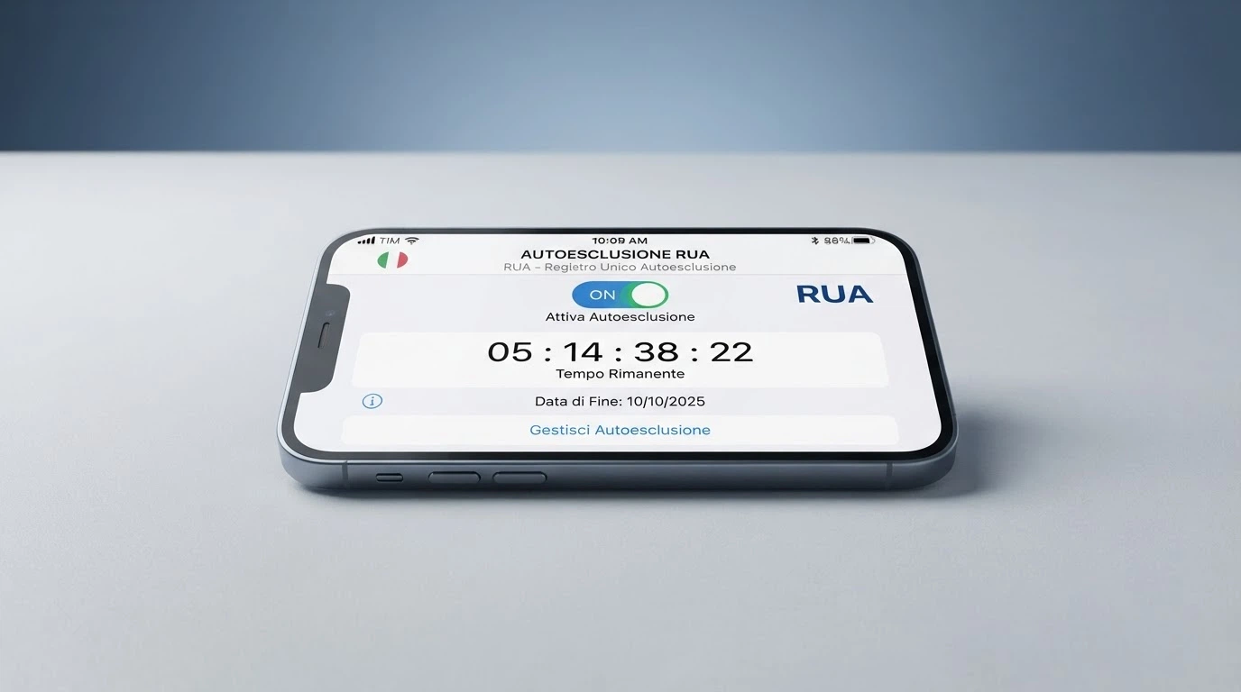 Un'interfaccia stilizzata di autoesclusione con un interruttore e il logo RUA accanto a un timer