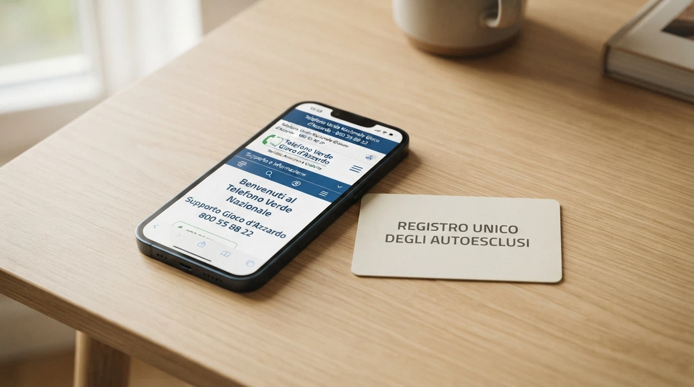 Un telefono con la cornetta alzata accanto alla scritta del Registro Unico degli Autoesclusi e al logo del Telefono Verde Nazionale Gioco d'Azzardo, su uno sfondo rassicurante.