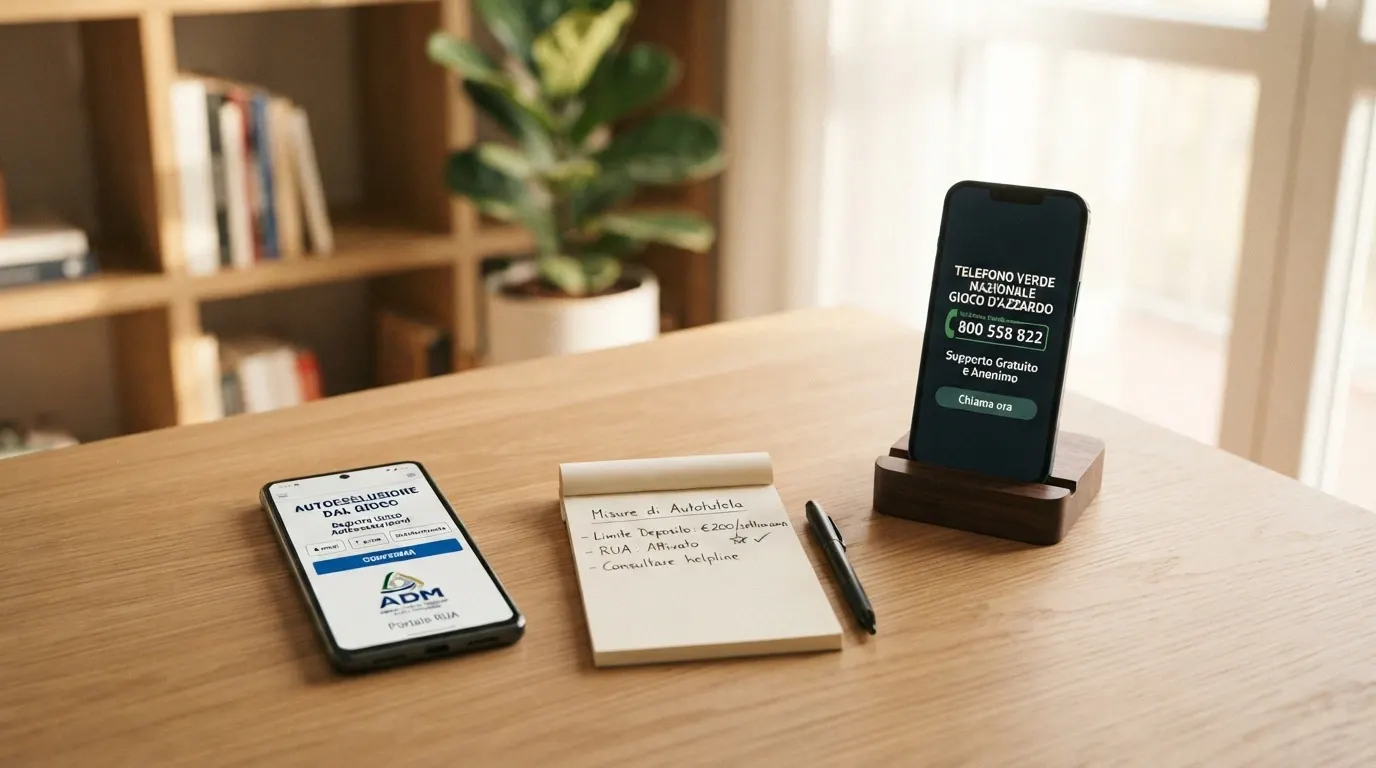 Una rappresentazione visiva dei tre pilastri della protezione del giocatore in Italia: il Telefono Verde (800 558 822), il portale RUA per l'autoesclusione, e i limiti di deposito impostabili nell'area personale