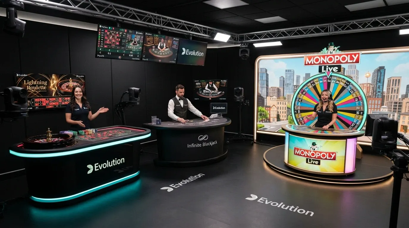 Una veduta d'insieme di uno studio Evolution con più tavoli live attivi — roulette, blackjack e una ruota della fortuna — illuminati come un set televisivo