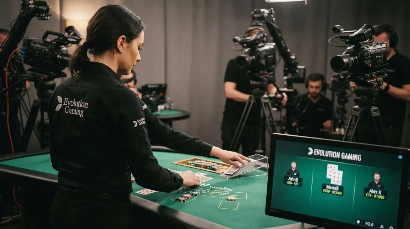 Il croupier di un tavolo blackjack live inquadrato dalle telecamere dello studio, con il monitor che mostra le puntate dei giocatori connessi