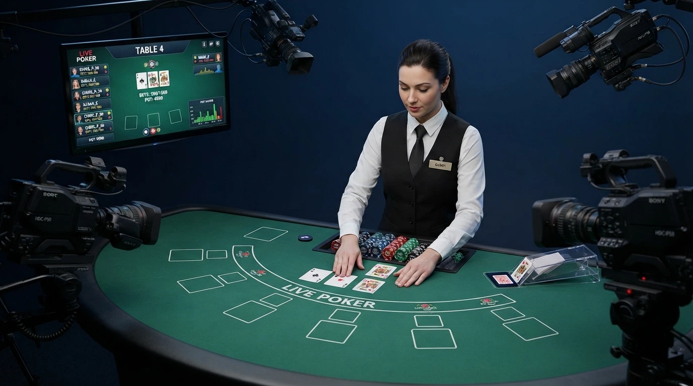 Studio di produzione professionale con tavolo da poker, croupier in uniforme, telecamere multiple e monitor di controllo