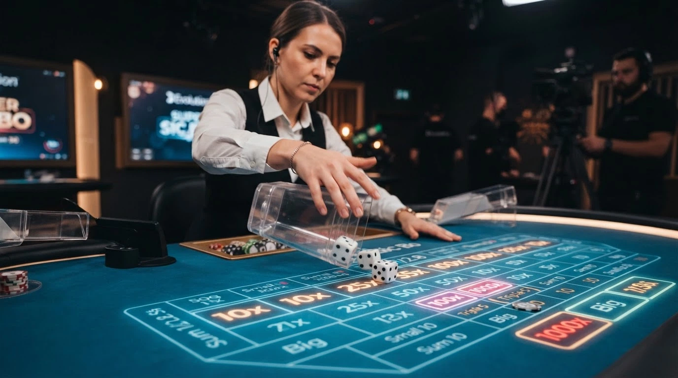 Il tavolo Super Sic Bo di Evolution Gaming con i riquadri dei moltiplicatori casuali illuminati e il croupier in studio