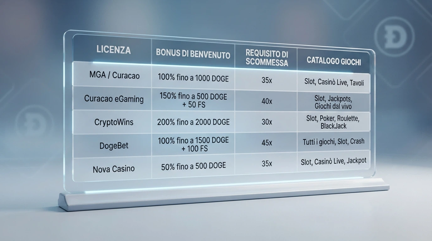 Una tabella comparativa stilizzata con le colonne licenza, bonus, requisito e catalogo giochi affiancate ai loghi dei casinò recensiti