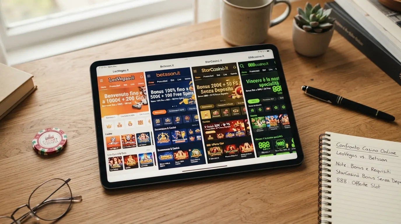 Una vista d'insieme delle homepage e dei badge di licenza dei casinò internazionali recensiti, affiancati in una griglia visiva