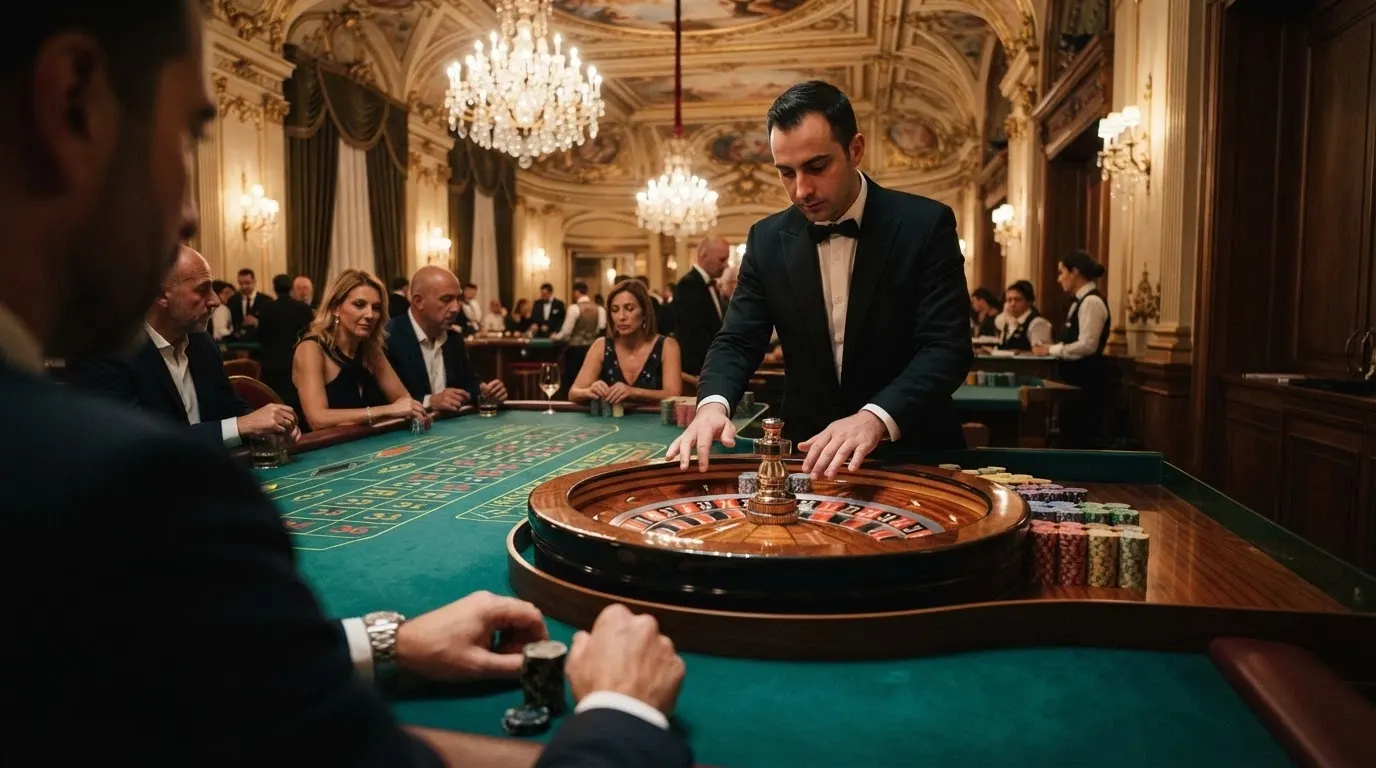 Un tavolo di roulette dal vivo con croupier nella sala fisica del Casinò di Sanremo, trasmesso in streaming sulla piattaforma online