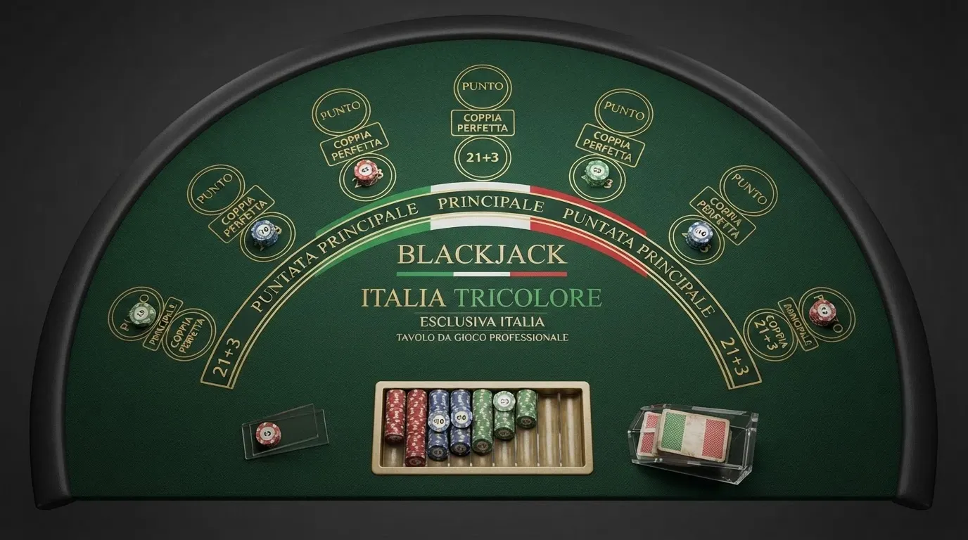 Tavolo di Blackjack Italia Tricolore con croupier dal vivo, layout in italiano, side bet «Perfect Pair» e «21+3» visibili sull'interfaccia