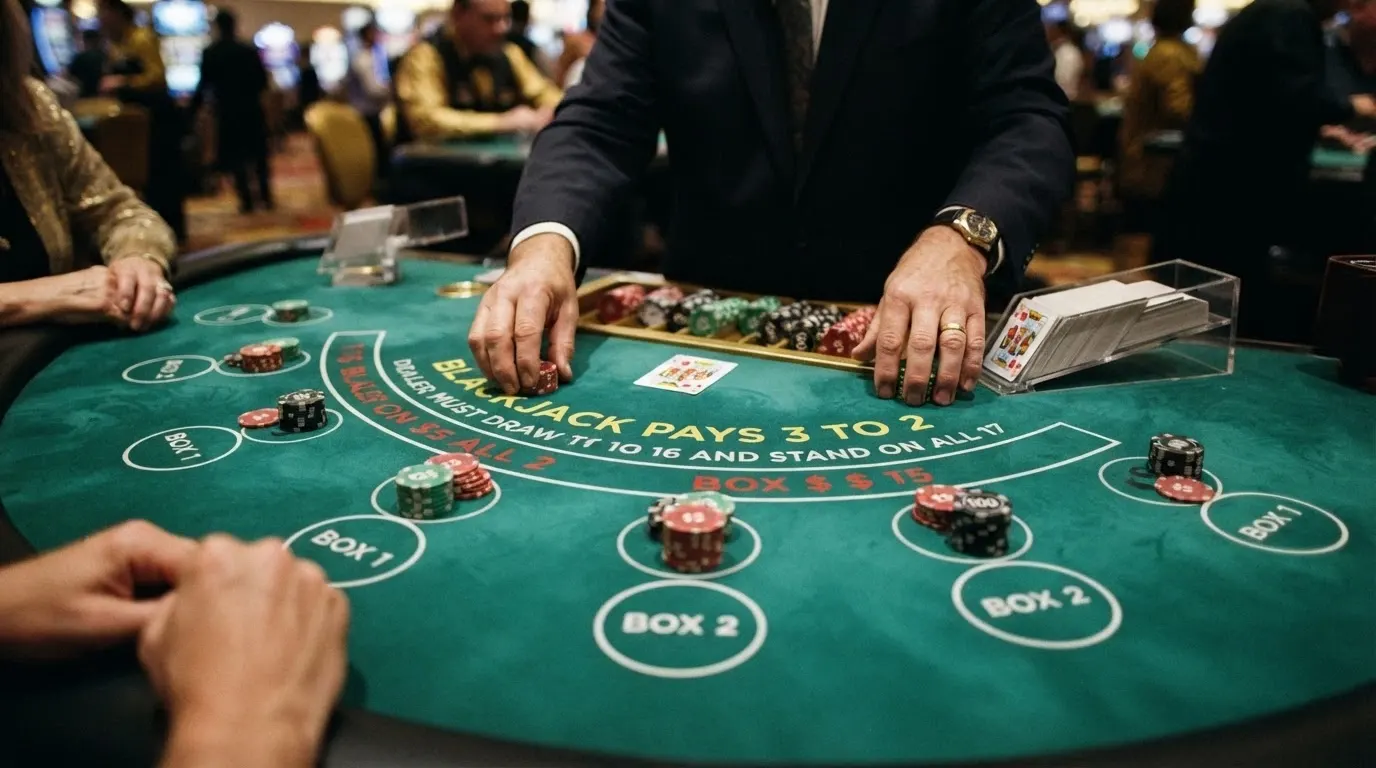 Primo piano di un tavolo da blackjack con le aree di puntata, le chips impilate e le carte distribuite dal sabot