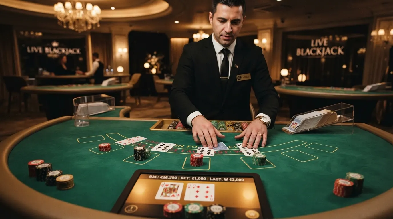 Un tavolo da blackjack dal vivo con dealer in uniforme, carte sul tavolo verde e l'interfaccia di puntata visibile sullo schermo