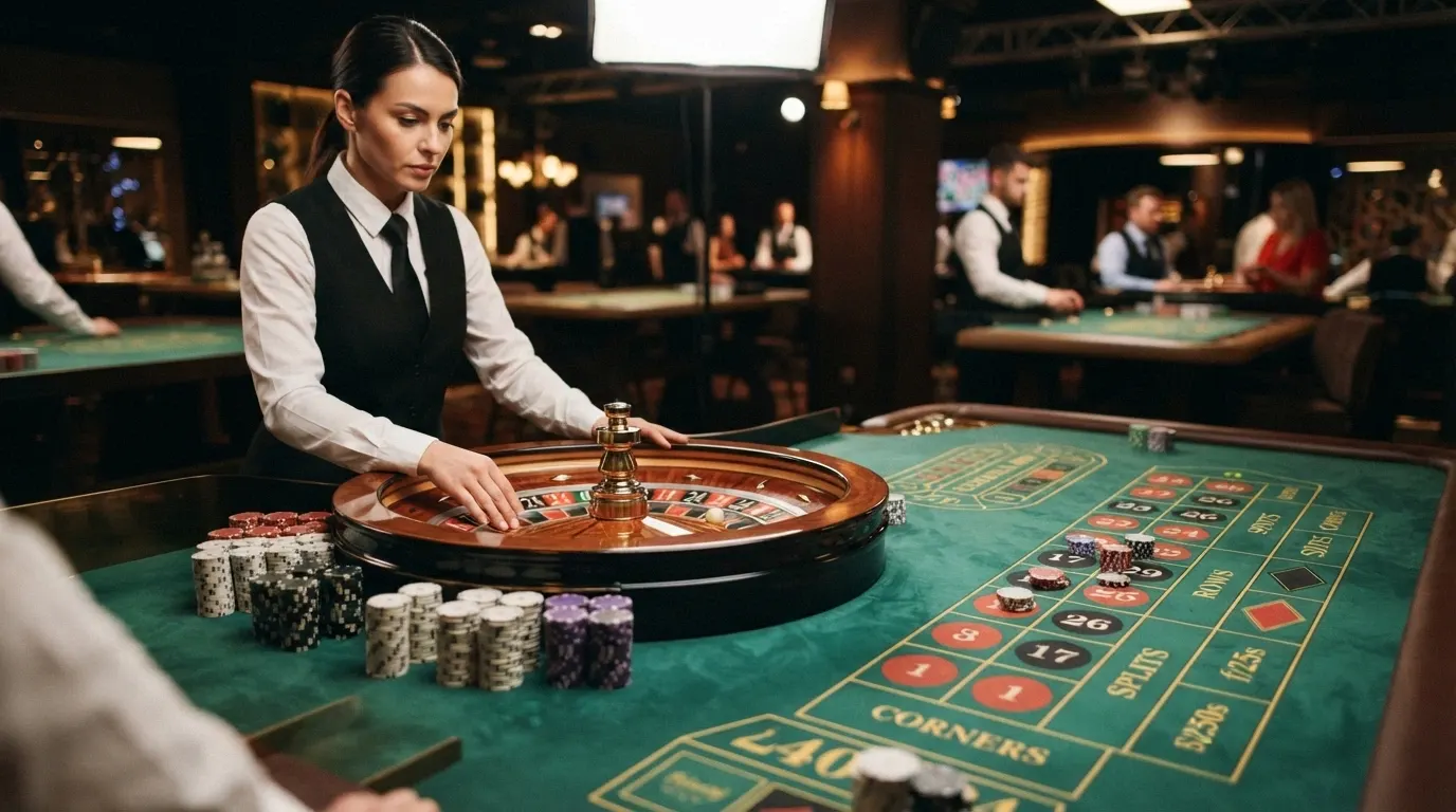 Un tavolo di roulette dal vivo con croupier in divisa, ripreso in streaming HD, con fiches di taglio elevato distribuite sul tappeto verde