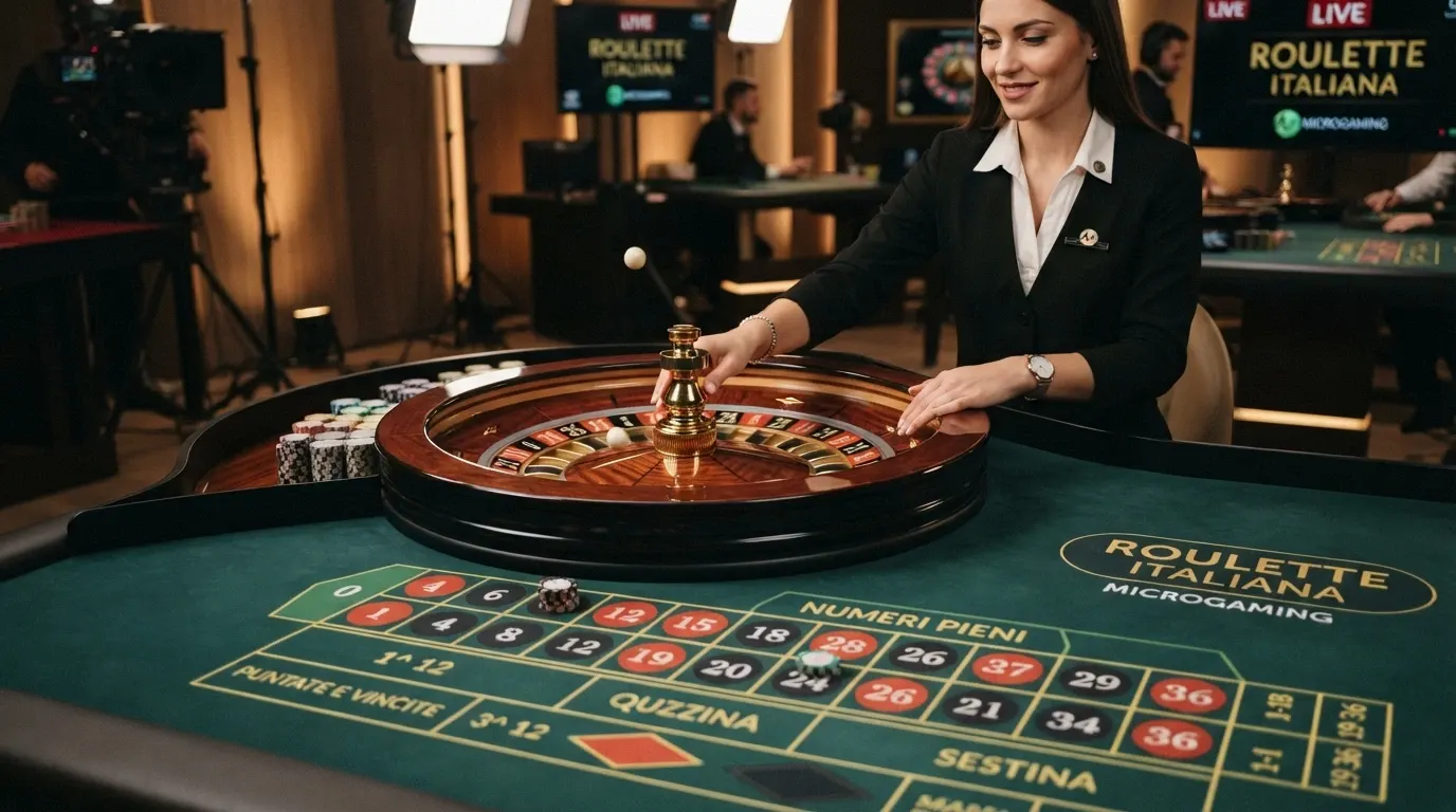 Dealer dal vivo a un tavolo da roulette in una sala da casinò Microgaming