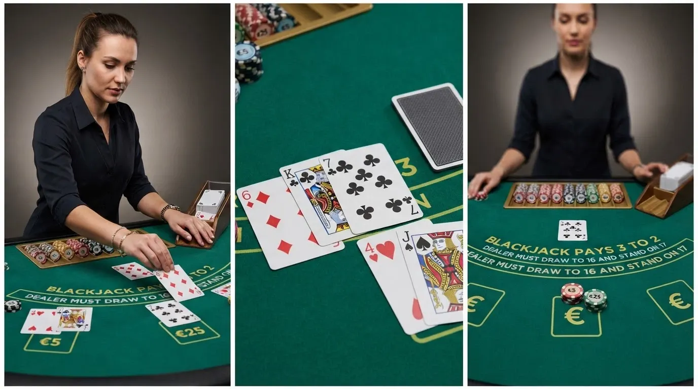 Un tavolo da blackjack dal vivo inquadrato da tre angolazioni diverse: campo medio sul croupier, dettaglio sulle carte in distribuzione e inquadratura frontale del banco.