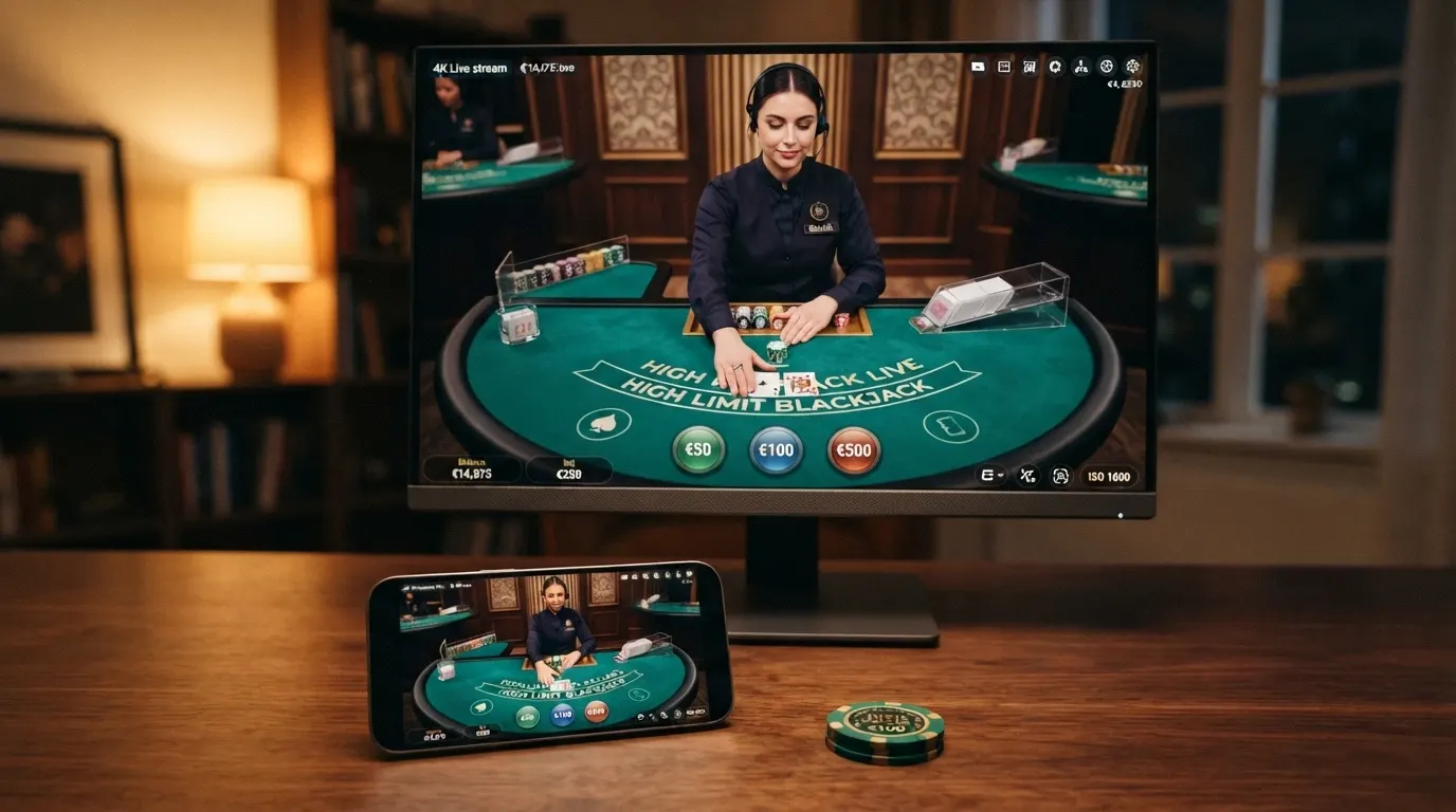 Un tavolo da live casino con dealer in alta definizione, interfaccia di puntata maggiorata e angolazione da giocatore