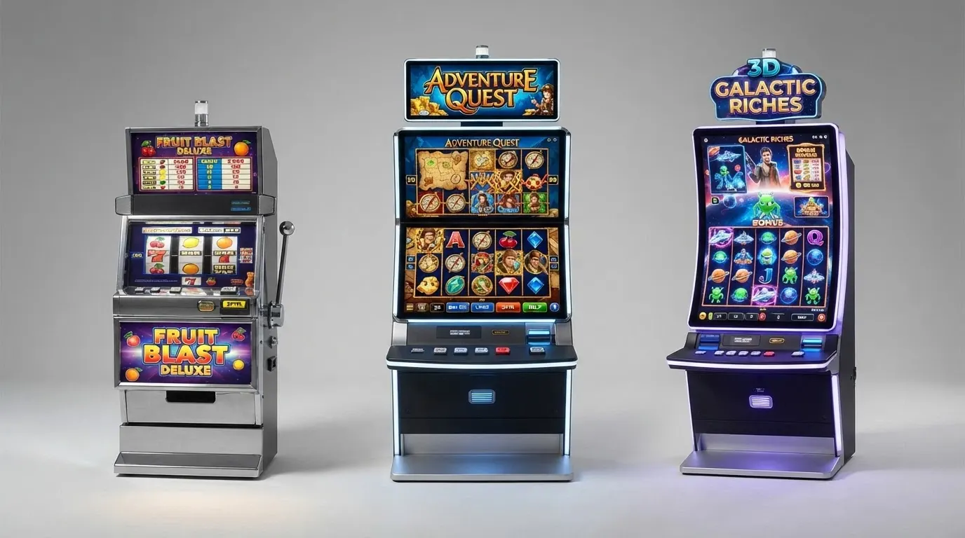 Tre slot machine affiancate su schermo: a sinistra una classica da bar a 3 rulli con simboli frutta, al centro una video slot a 5 rulli con grafica moderna, a destra una slot 3D con animazioni avanzate e rulli dinamici