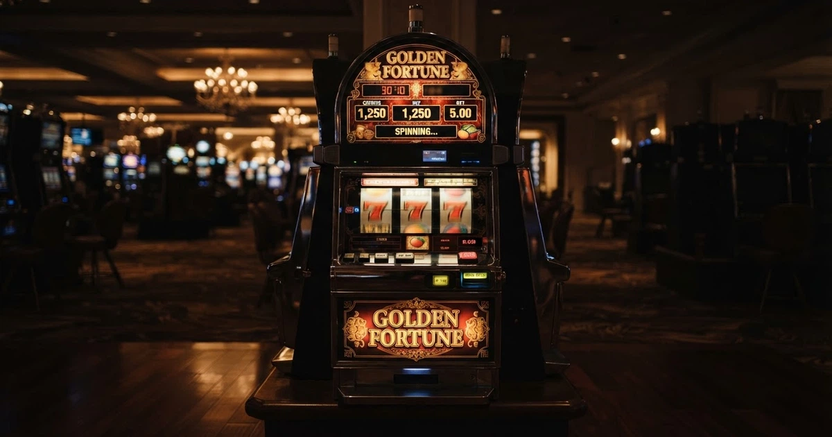 Primo piano di una slot machine accesa in una sala vuota, lo schermo mostra i rulli in movimento sfocato, nessun volto umano inquadrato