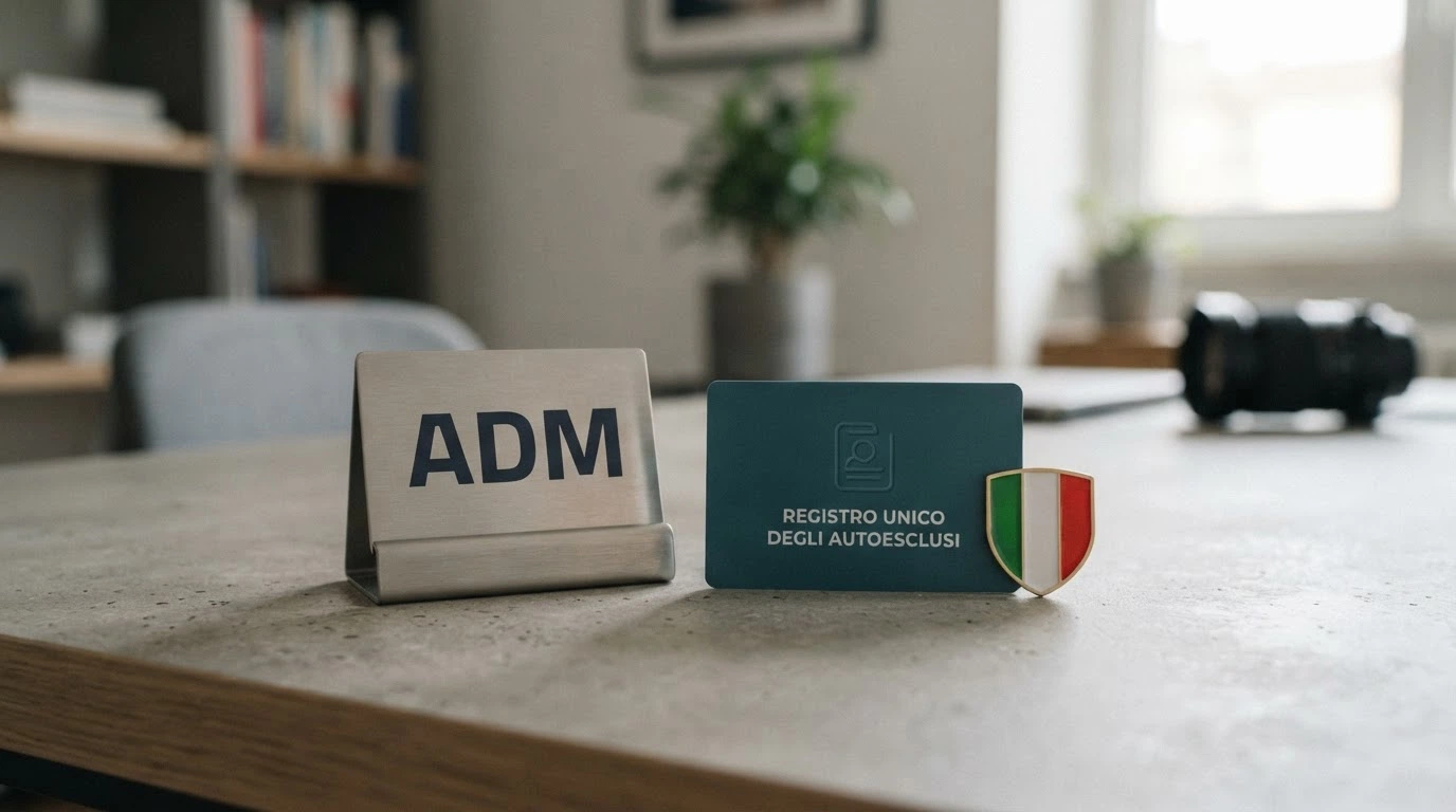 Il logo dell'ADM (Agenzia delle Dogane e dei Monopoli) accanto al simbolo del Registro Unico degli Autoesclusi e a uno scudo con la bandiera italiana, su uno sfondo pulito istituzionale.