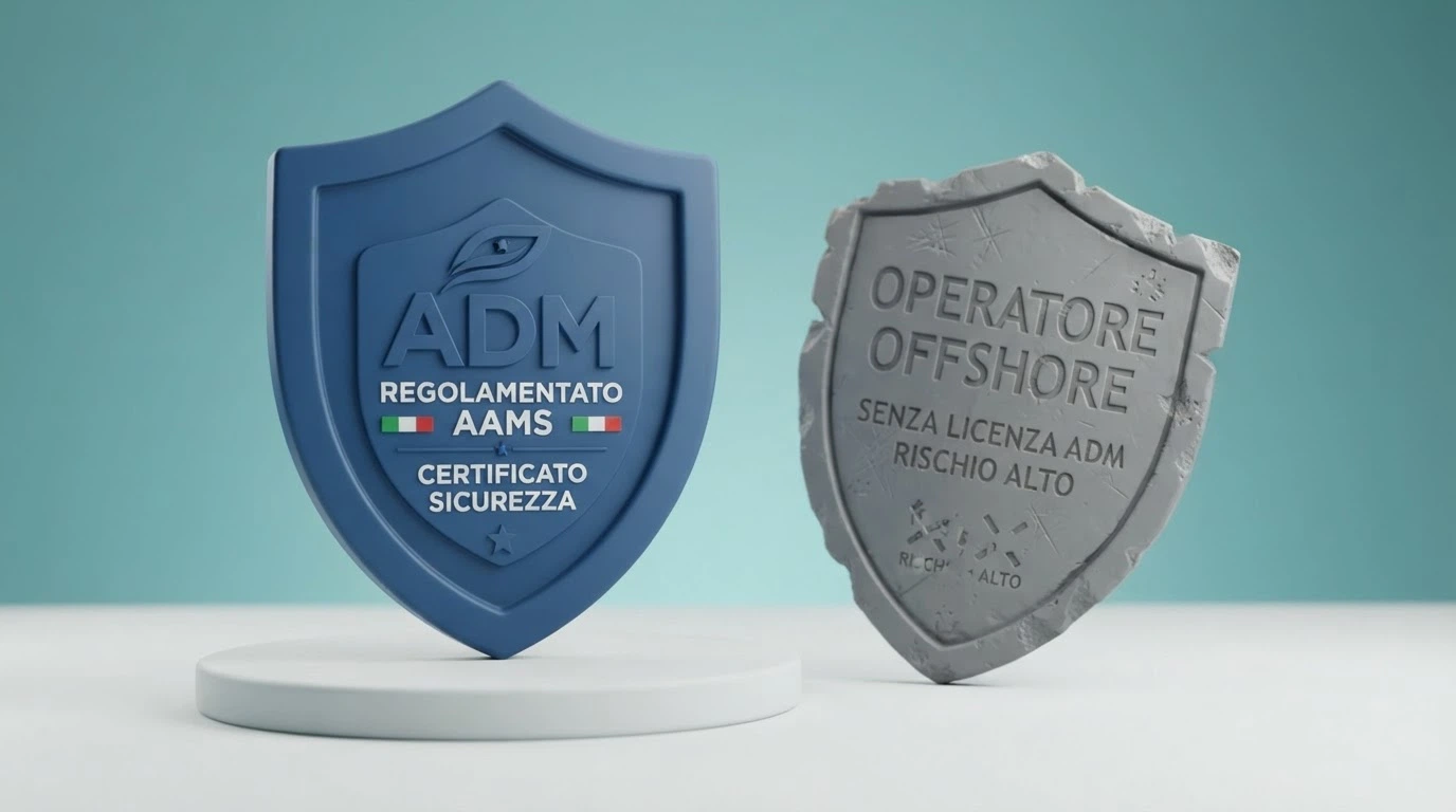 Un confronto visivo tra le protezioni offerte da un casinò con concessione ADM (RUA, limiti, foro legale) e l'assenza di queste tutele in un casinò non AAMS