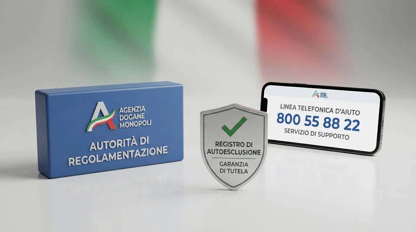 Infografica con i tre pilastri della protezione del giocatore italiano: logo ADM, simbolo RUA, icona del Telefono Verde 800 55 88 22