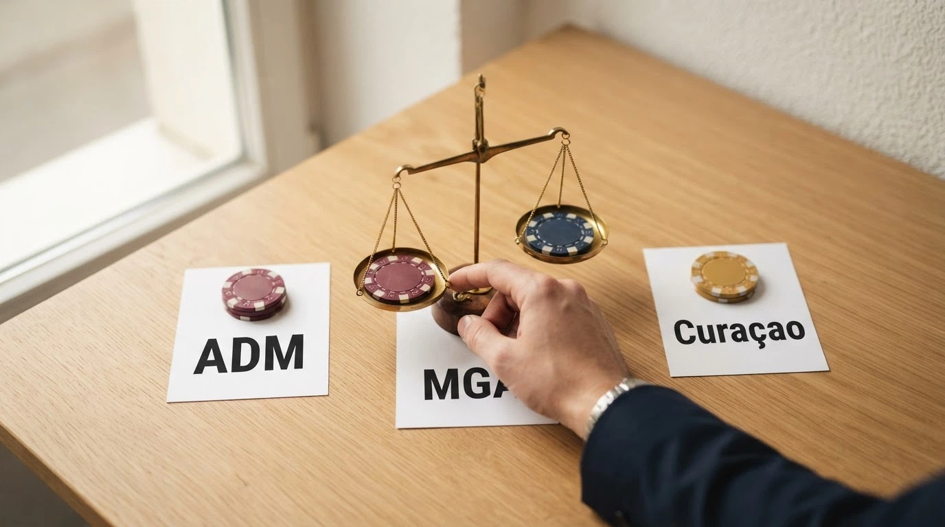 Tre sigilli affiancati: il logo ADM, il logo MGA e il logo Curaçao, con una bilancia al centro che pende verso il logo ADM