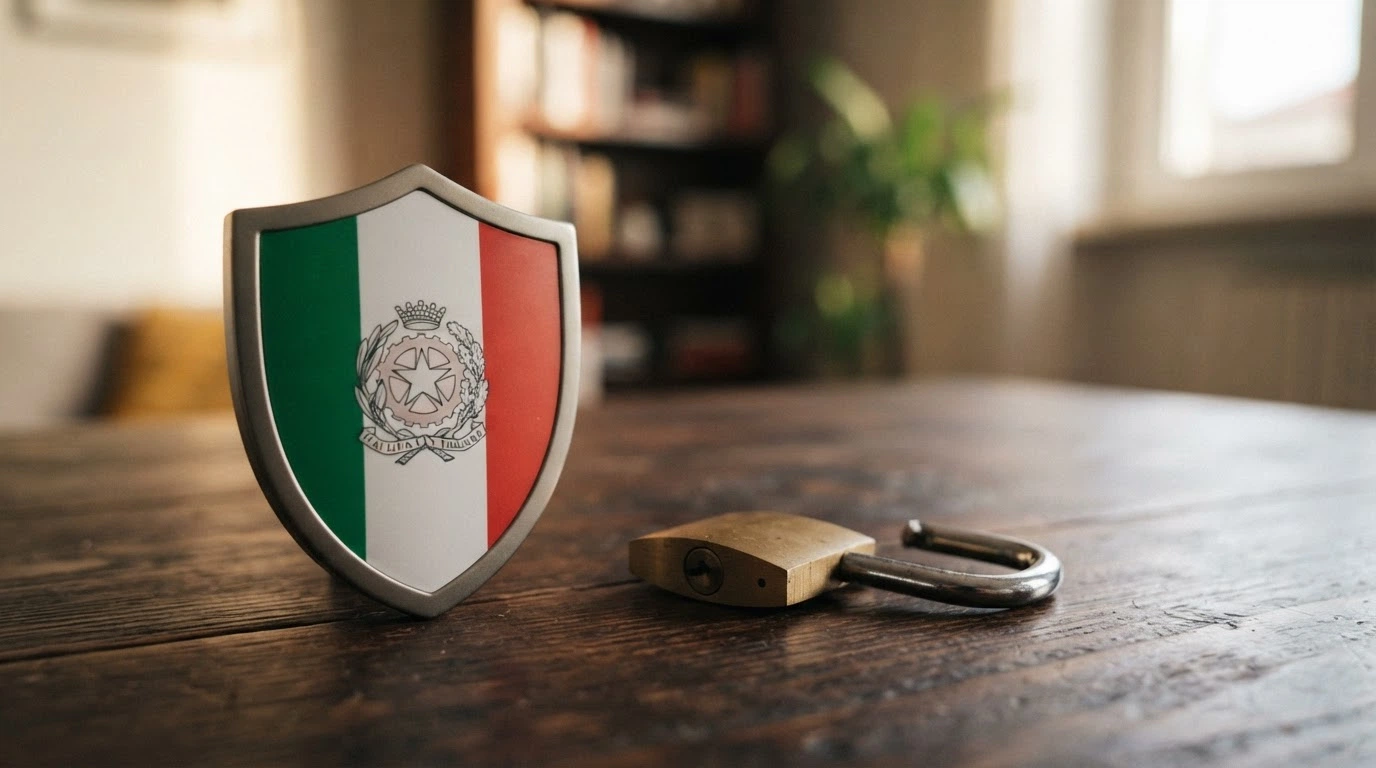 Icone di uno scudo con bandiera italiana e di un lucchetto aperto affiancate, a rappresentare la protezione legale del giocatore nel canale regolato e l'assenza di tutele in quello offshore